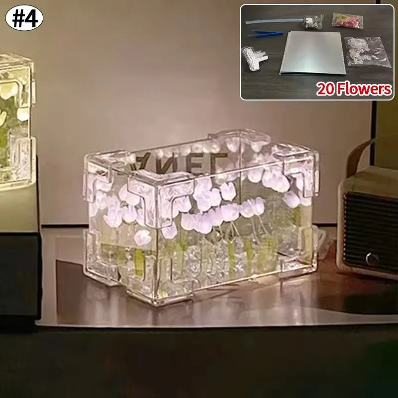 20PCS Tulip Night Light DIY Tulip Flower Mirror Cube Lamp 3D Atmosphere Lamp Handmade Craft Valentines Day Birthday Wedding Gift