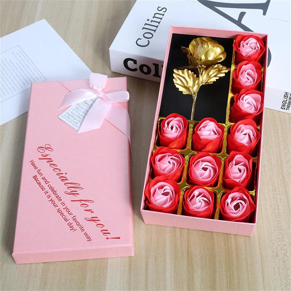 Artificial Soap Rose Gift Box Gold Foil Flower 12 Scented Rose Soap Flowers Wedding Home Decoration Valentine's Day Gift