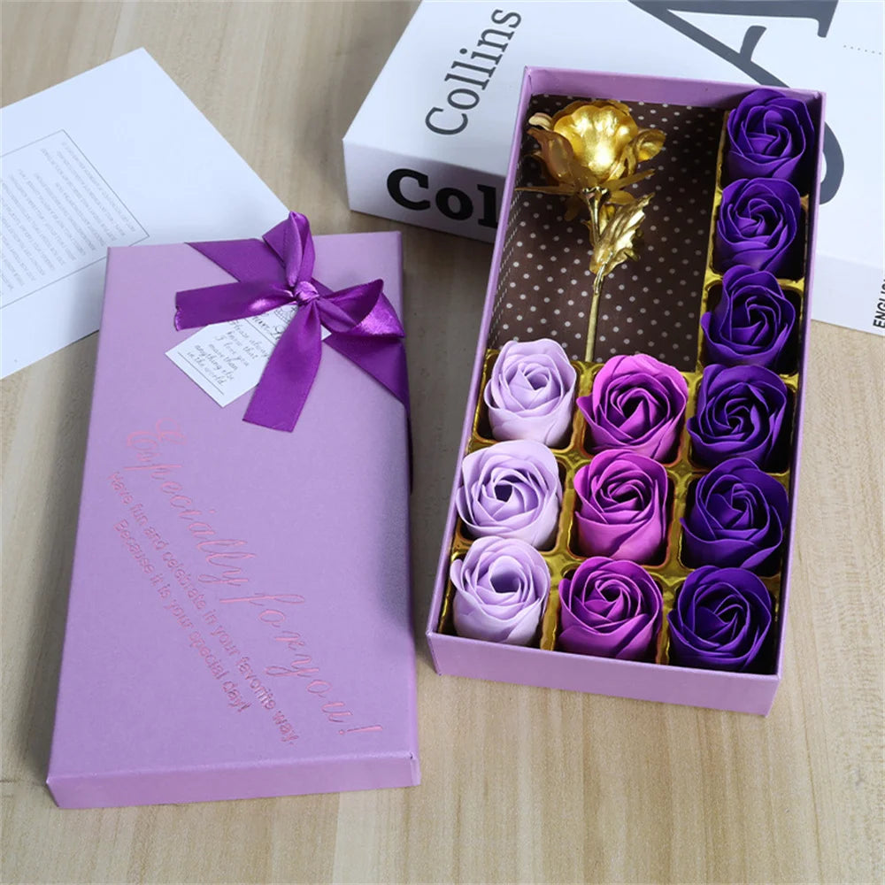 Artificial Soap Rose Gift Box Gold Foil Flower 12 Scented Rose Soap Flowers Wedding Home Decoration Valentine's Day Gift