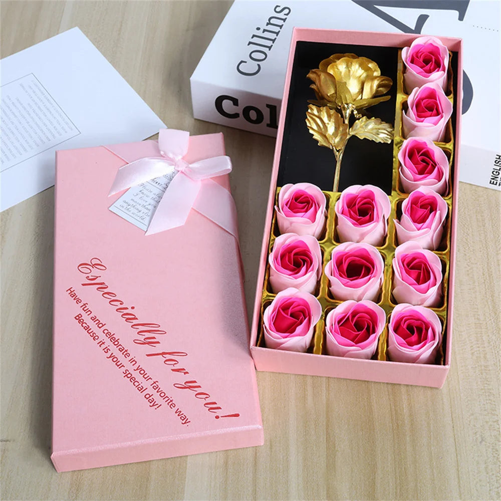 Artificial Soap Rose Gift Box Gold Foil Flower 12 Scented Rose Soap Flowers Wedding Home Decoration Valentine's Day Gift