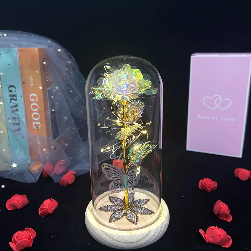 Galaxy Glass Rose Flower, Forever Eternal Crystal, Light Up Rose in Glass Dome, Birthday Gifts for Mom, Her, Grandma, Wife