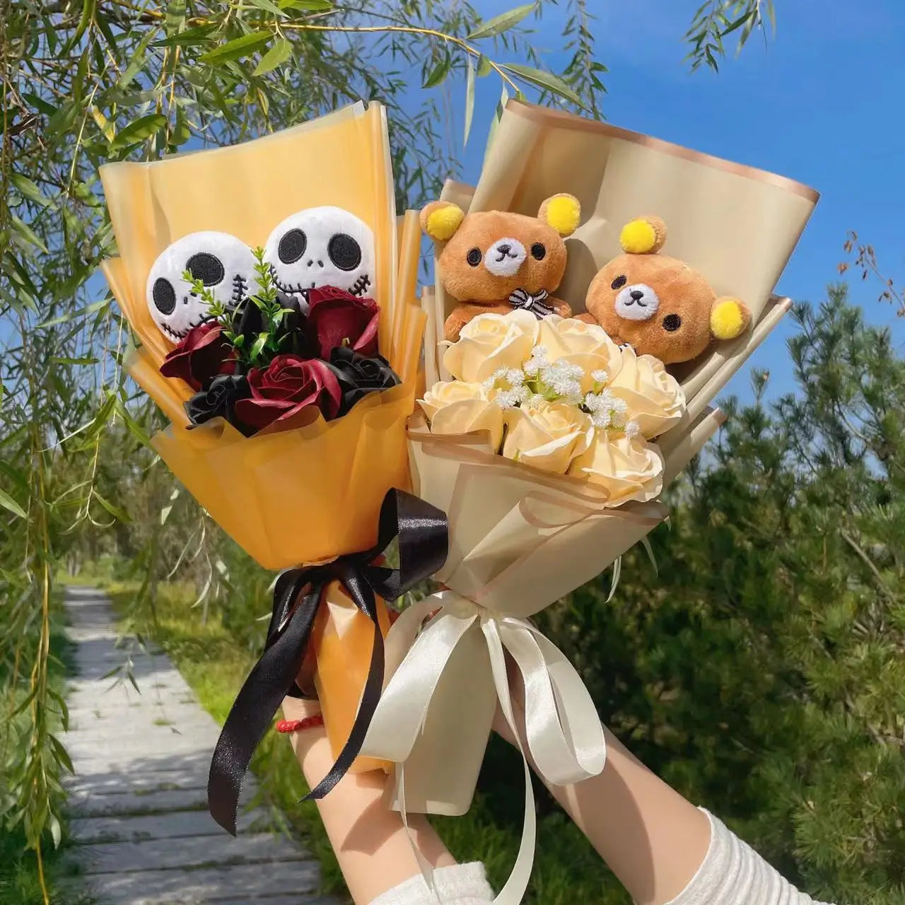 Cartoon Anime KT Cat Stitch Halloween Jack Skellington Plush Dolls Flower Bouquets Graduation Birthday Christmas Valentine Gifts