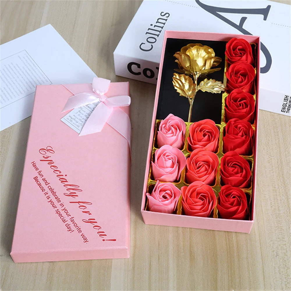Artificial Soap Rose Gift Box Gold Foil Flower 12 Scented Rose Soap Flowers Wedding Home Decoration Valentine's Day Gift