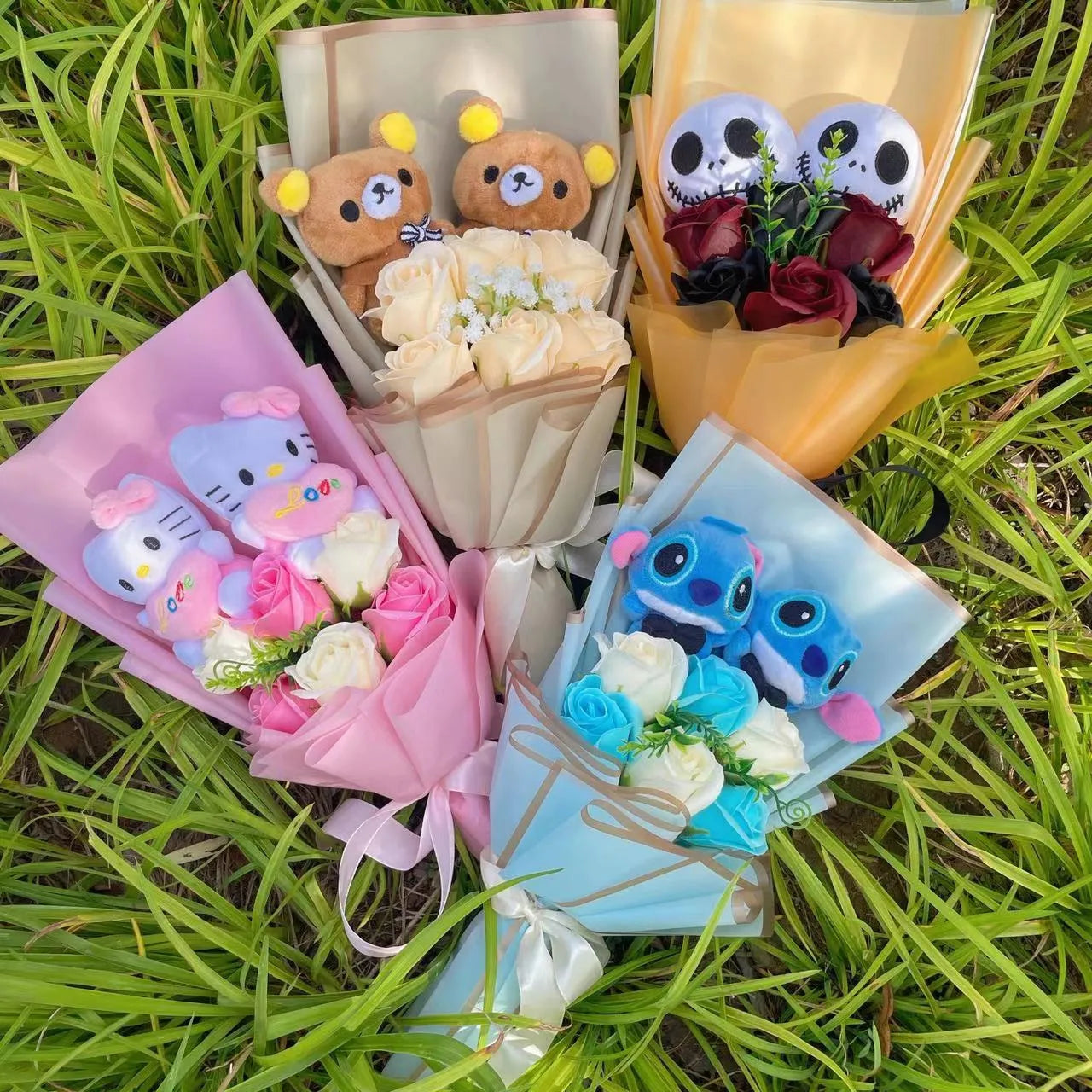 Cartoon Anime KT Cat Stitch Halloween Jack Skellington Plush Dolls Flower Bouquets Graduation Birthday Christmas Valentine Gifts