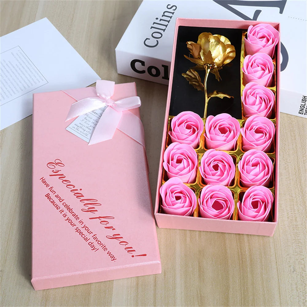Artificial Soap Rose Gift Box Gold Foil Flower 12 Scented Rose Soap Flowers Wedding Home Decoration Valentine's Day Gift