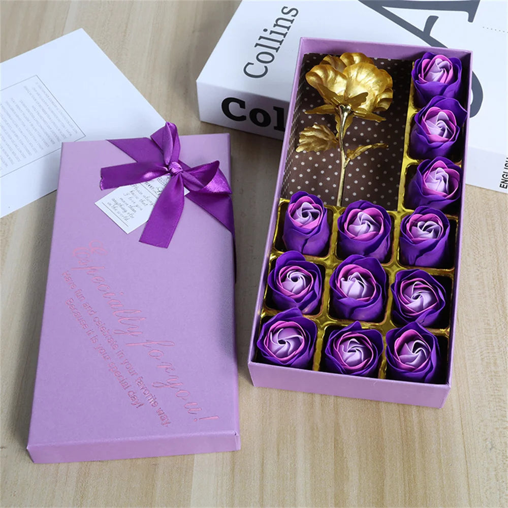 Artificial Soap Rose Gift Box Gold Foil Flower 12 Scented Rose Soap Flowers Wedding Home Decoration Valentine's Day Gift