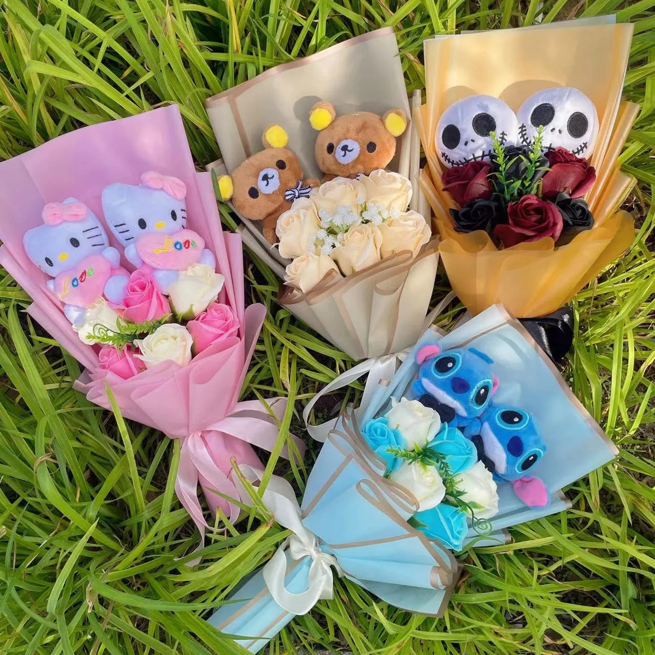Cartoon Anime KT Cat Stitch Halloween Jack Skellington Plush Dolls Flower Bouquets Graduation Birthday Christmas Valentine Gifts