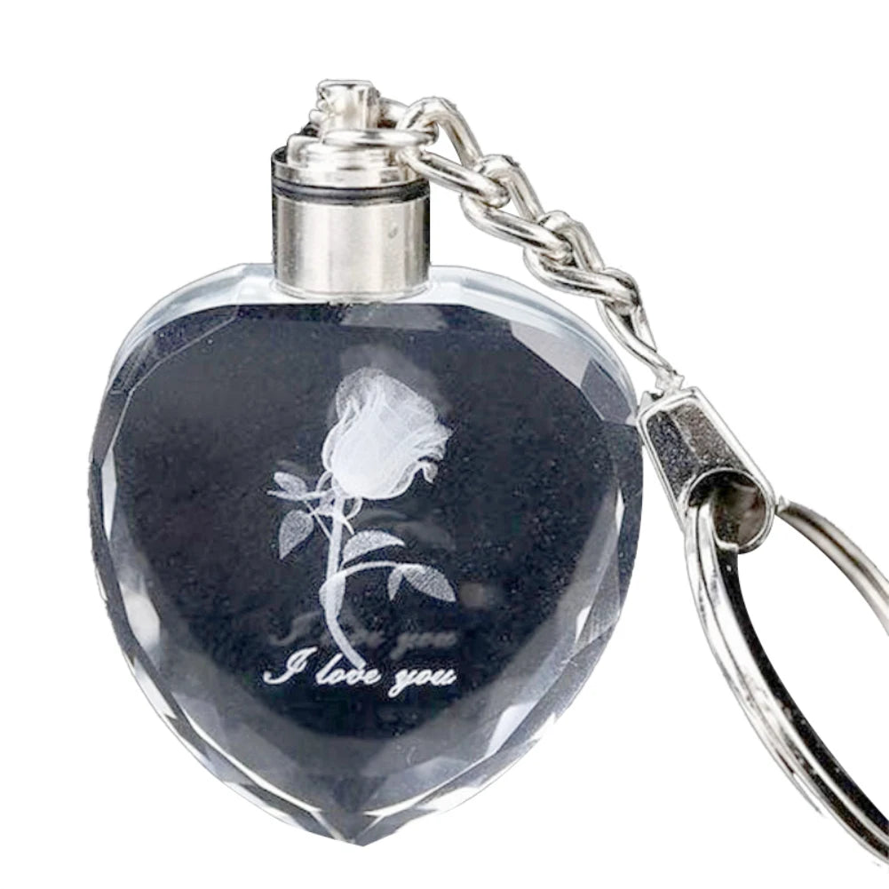 Artificial Crystal Rose Heart Keyring Key Chain LED Couple Lovers Girlfriend Boyfriend Key Ring Keychain Valentines Day Gifts