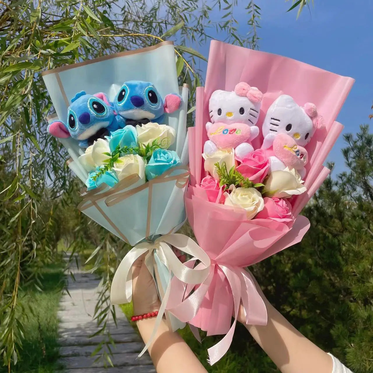 Cartoon Anime KT Cat Stitch Halloween Jack Skellington Plush Dolls Flower Bouquets Graduation Birthday Christmas Valentine Gifts